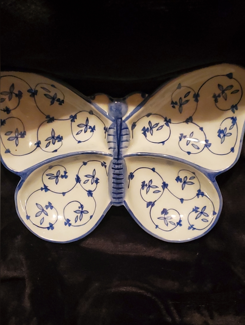 Vintage Ceramic Butterfly Divided Serving Dish Floral Blue&White Cottagecore